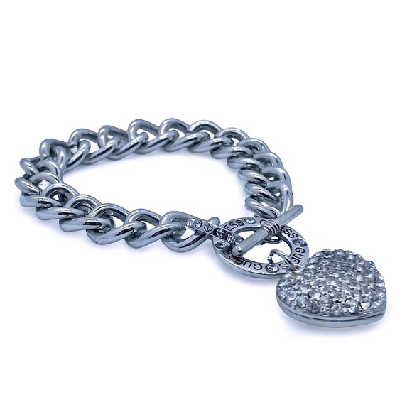 GUESS Vintage Pave Puffed Heart Charm Chain Link Toggle Bracelet with Box - Picture 3 of 9